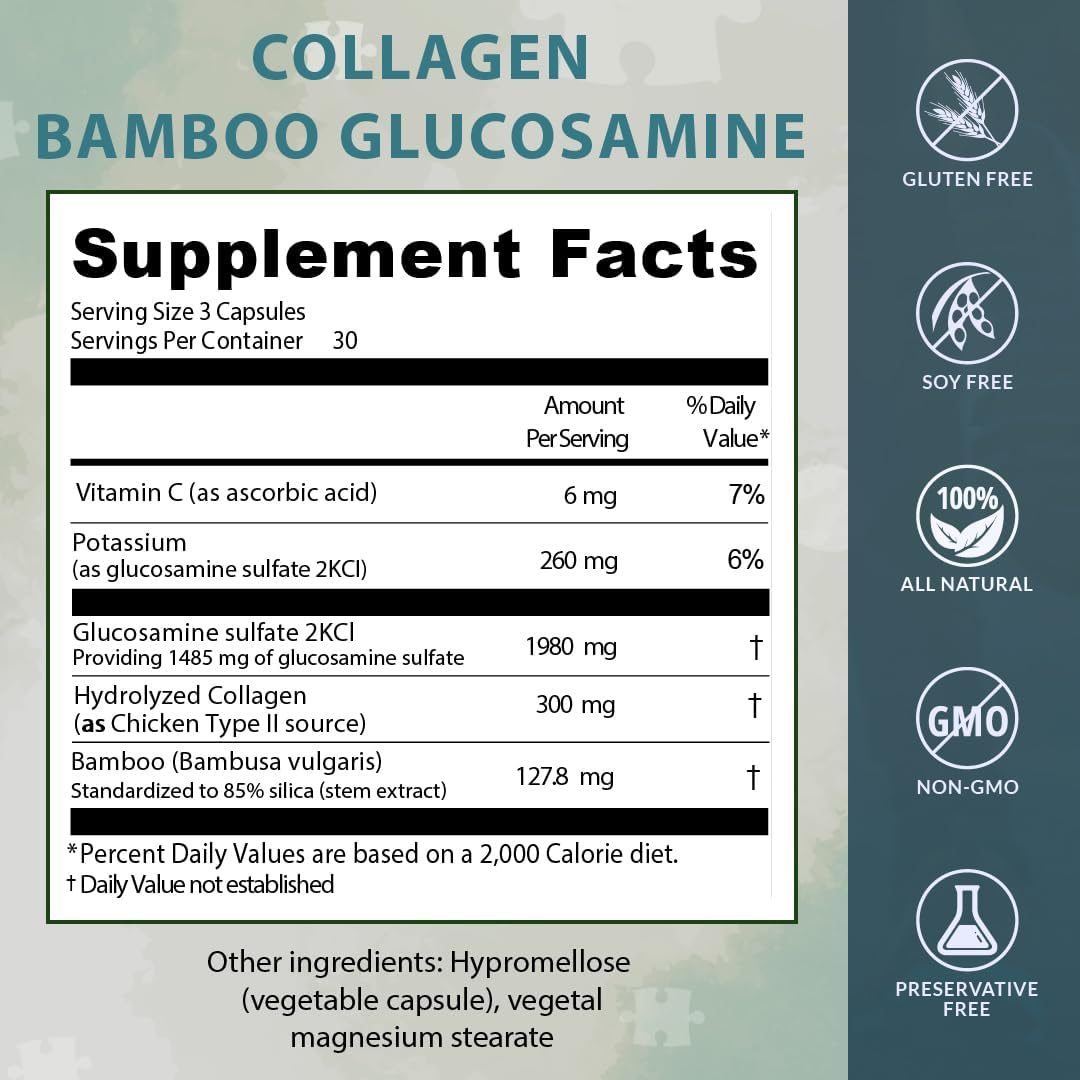 Collagen Bamboo Glucosamine Supplement for Joint, Cartilage, and Bone Health (90 Capsules)