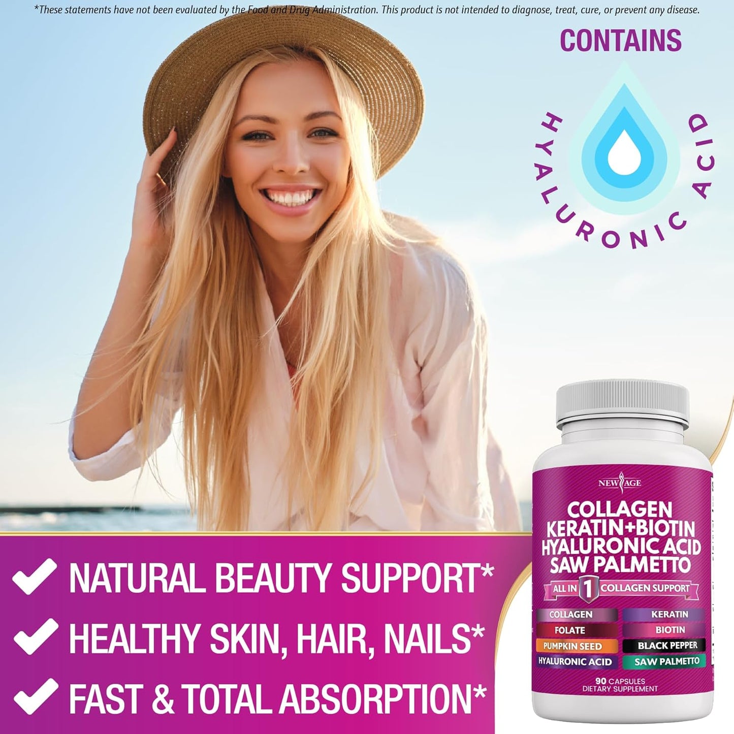Collagen, Biotin, Keratin, Saw Palmetto, Hyaluronic Acid Pills - Hair Skin Nails Vitamins with DHT Blocker - 90 Count