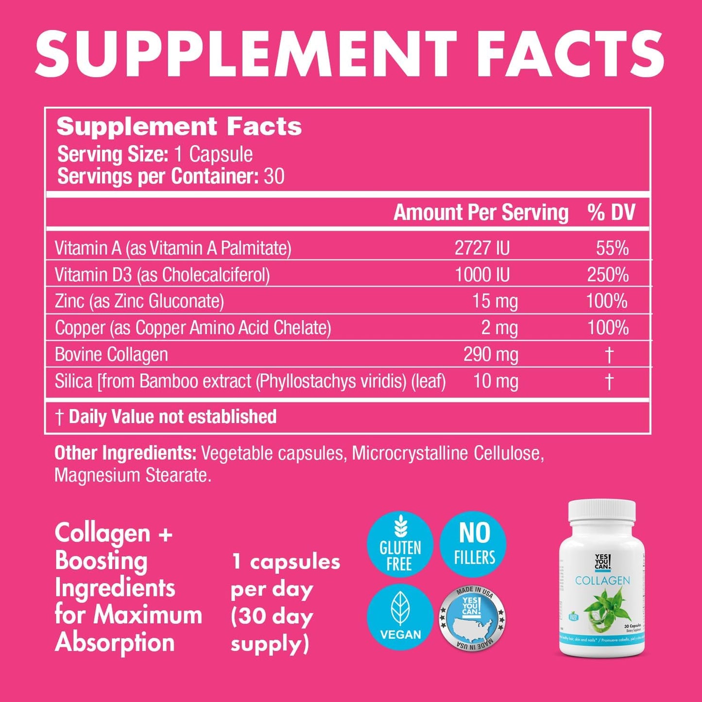 Collagen Capsules for Hair, Skin, and Nails with Vitamins A, D3, Zinc, and Copper - 4 Pack