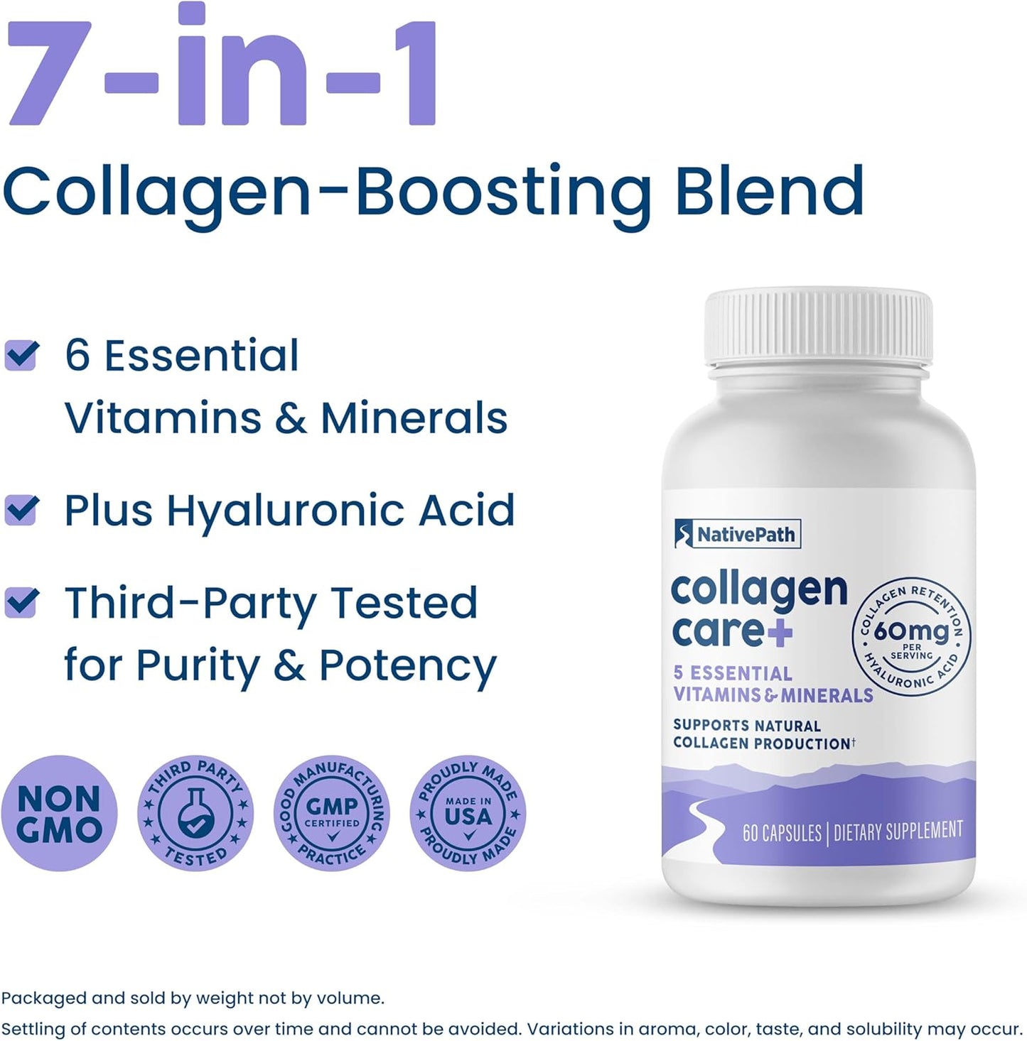 Collagen Care+ Supplement with 5 Vitamins, Hyaluronic Acid, and Boron - 60 Capsules for Men and Women