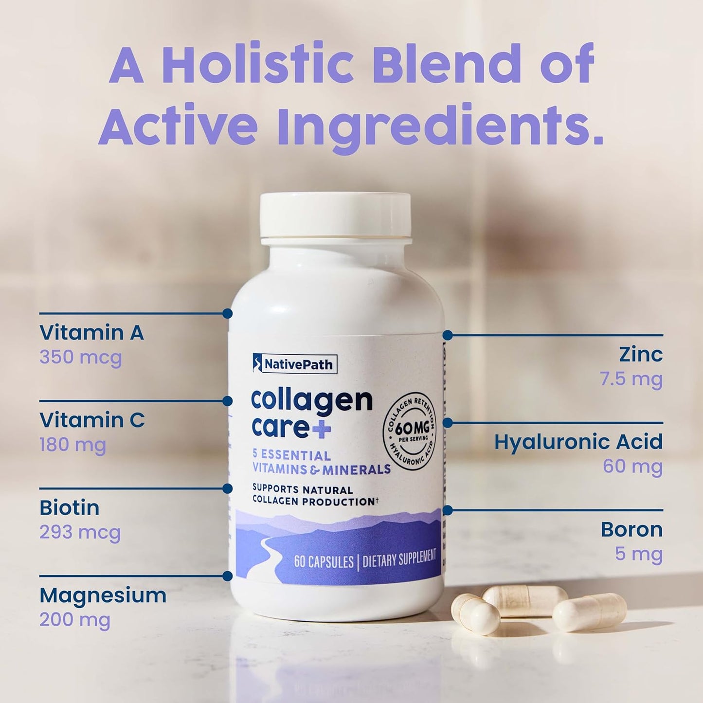 Collagen Care+ Supplement with 5 Vitamins, Hyaluronic Acid, and Boron - 60 Capsules for Men and Women