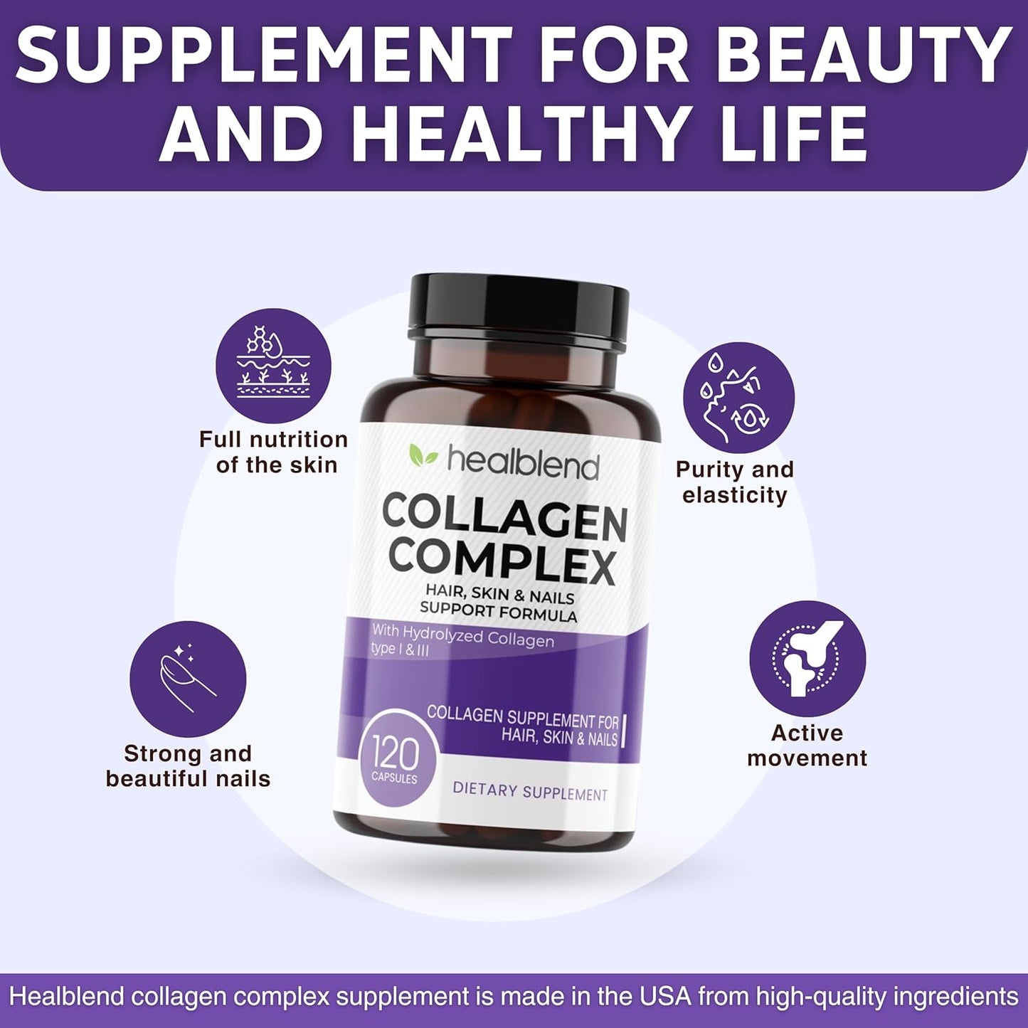 Collagen Complex Supplement for Healthy Skin, Hair, and Joints - Anti-Aging Formula for Women and Men - 120 Capsules