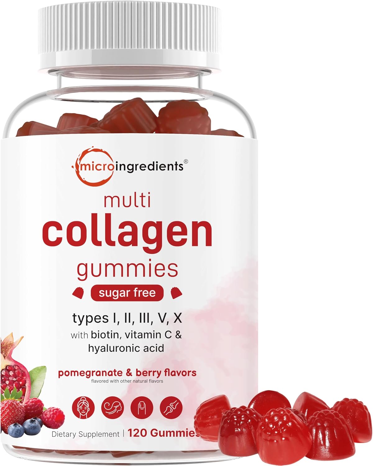 Collagen Gummies with Biotin, Hyaluronic Acid & Vitamin C Complex - Pomegranate & Berry Flavored - Sugar Free Non-GMO - 120 Count