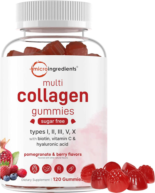 Collagen Gummies with Biotin, Hyaluronic Acid & Vitamin C Complex - Pomegranate & Berry Flavored - Sugar Free Non-GMO - 120 Count
