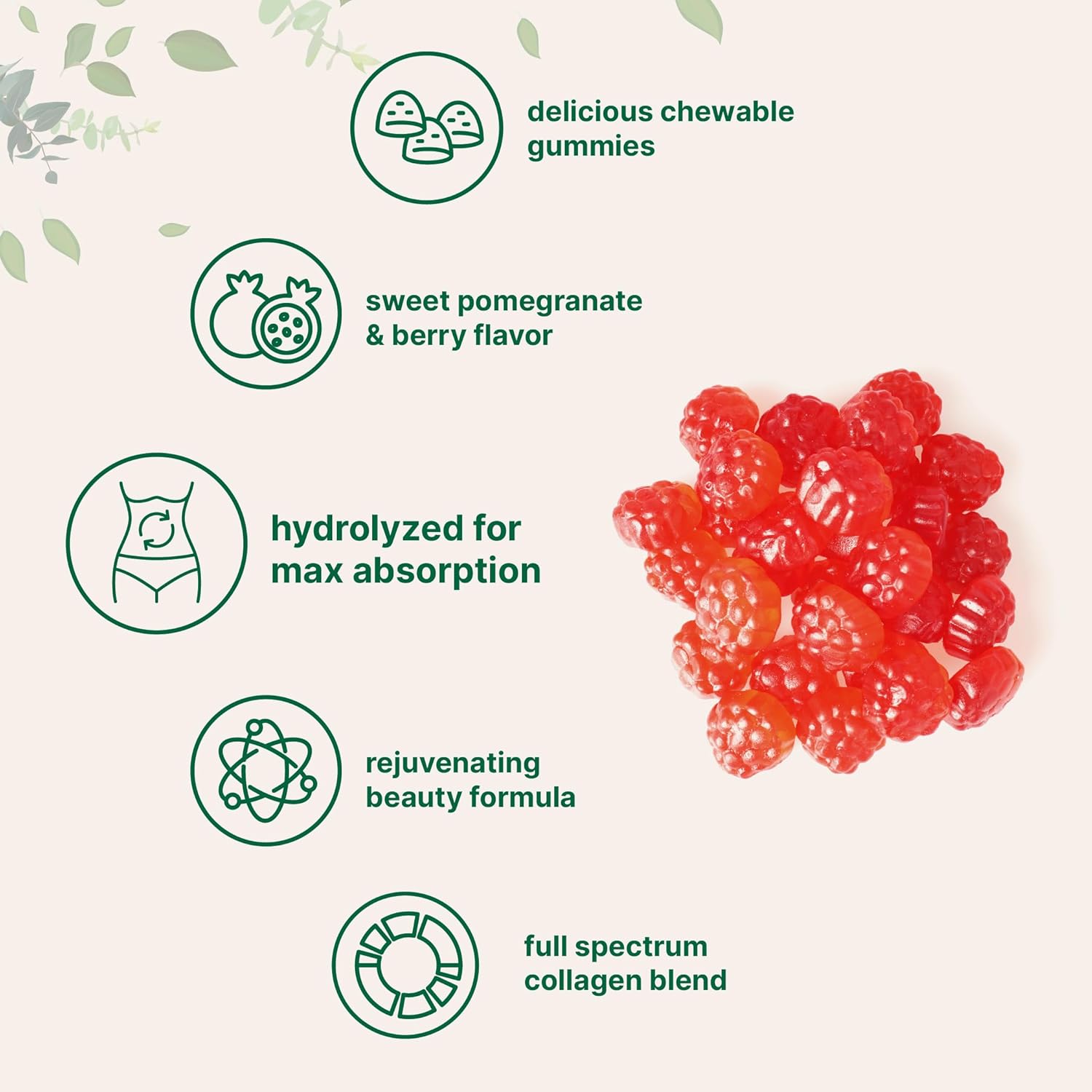 Collagen Gummies with Biotin, Hyaluronic Acid & Vitamin C Complex - Pomegranate & Berry Flavored - Sugar Free Non-GMO - 120 Count
