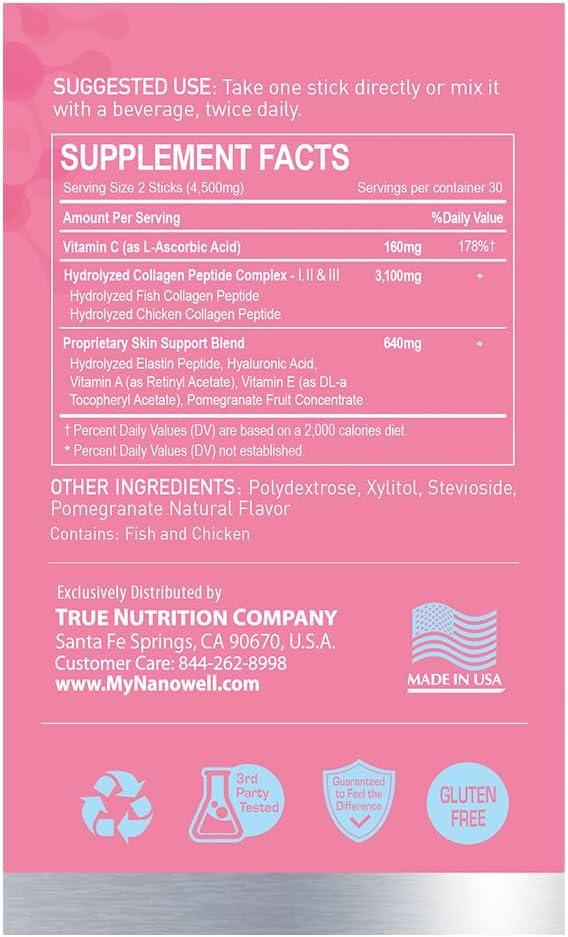 Collagen Peptide Powder with Vitamin C, Elastin, and Hyaluronic Acid - Hair, Skin, Nails, Joints, Bones - 60 Sticks