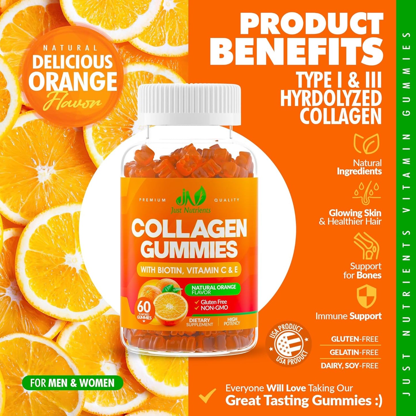 Collagen Peptides Gummies with Biotin, Vitamin C & E - Premium Hydrolyzed Type I & III - Hair, Skin & Nails Support - Gluten-Free, Non-GMO - 60 Gummies for Women & Men
