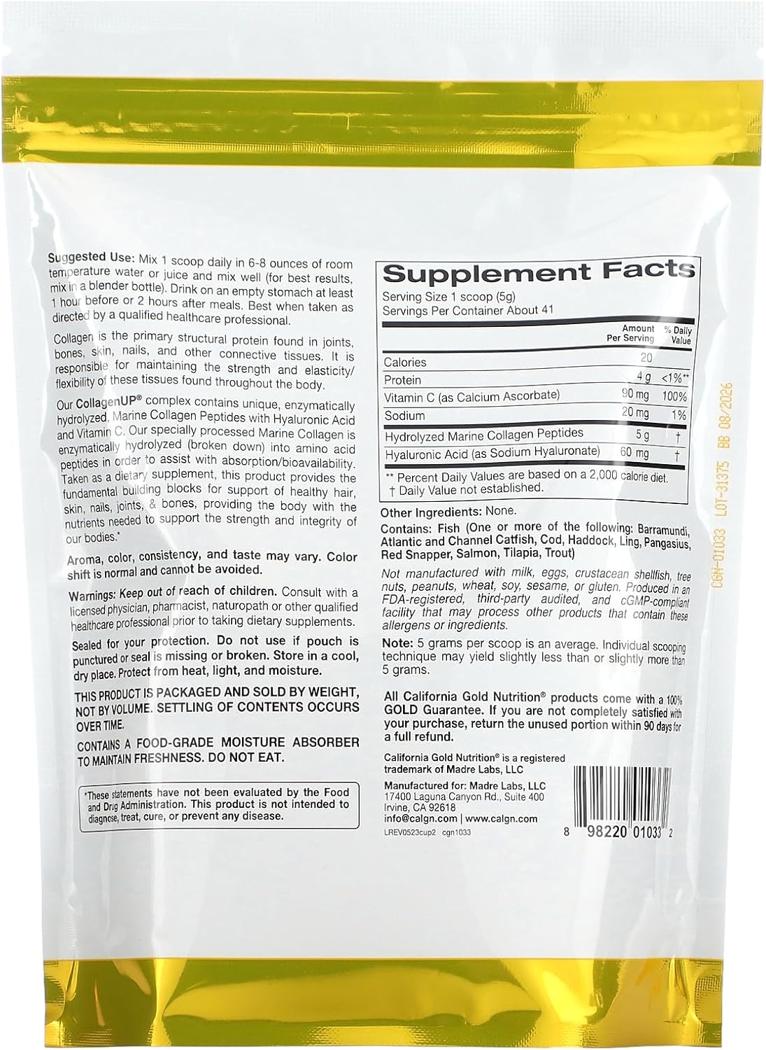 Collagen Peptides Powder with Hyaluronic Acid for Hair, Skin, Nails, Joints & Bones - Non-GMO, Gluten & Dairy Free - 7.26 oz Unflavored Fish Collagen