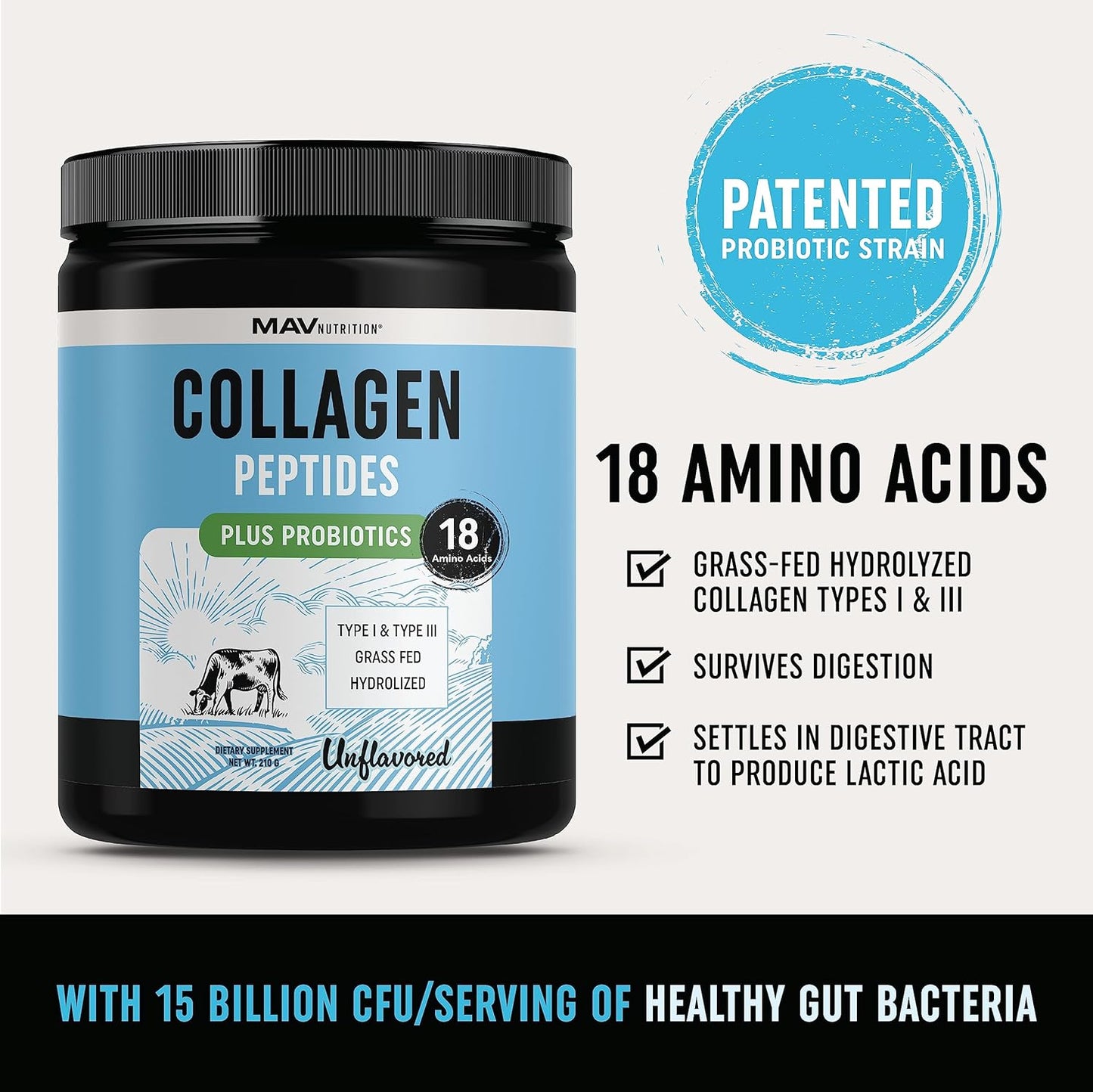 Collagen Peptides Powder with Probiotics for Hair, Skin, Nails & Gut Health | Grass Fed Hydrolyzed Bovine Collagen | 7000mg Per Serving | 210g Container