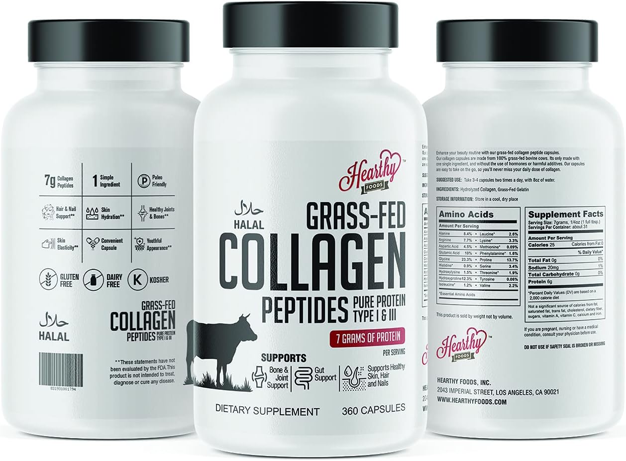 Collagen Pills Supplement (Type I, III) - 360 Capsules for Healthy Hair, Skin, Nails, Joints - Dairy & Gluten Free - 7g Protein/serving