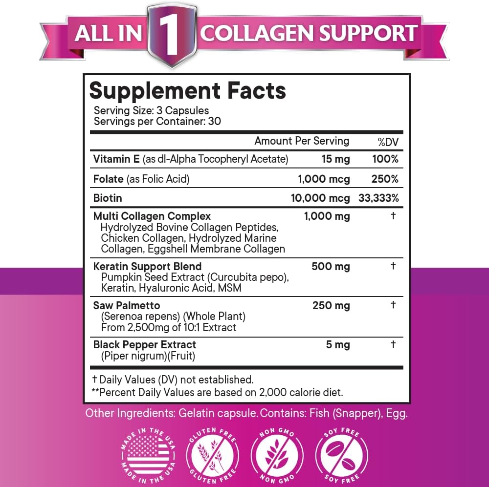 Collagen Pills with Biotin, Keratin, Saw Palmetto, and Hyaluronic Acid - 90 Count (Pack of 2) - Enhanced with Vitamin E, Folic Acid, Pumpkin Seed, and MSM