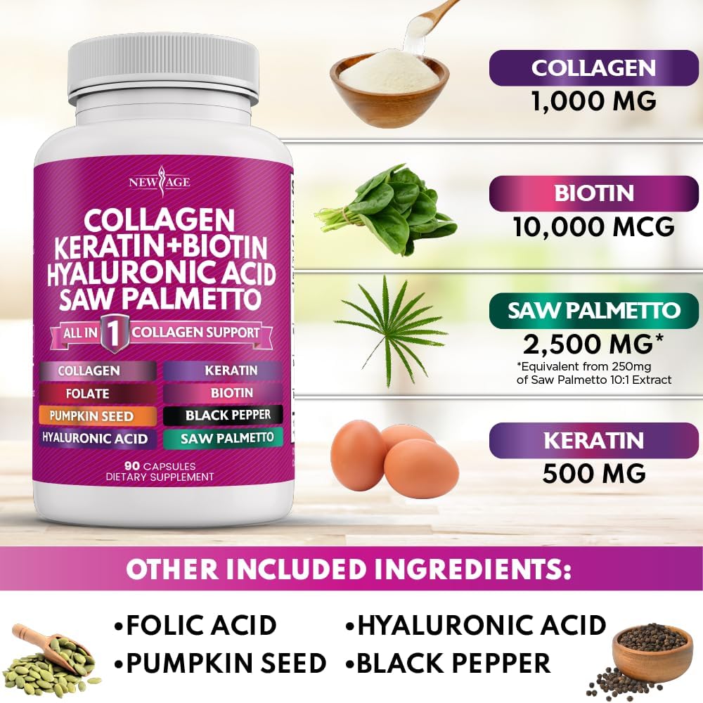 Collagen Pills with Biotin, Keratin, Saw Palmetto, and Hyaluronic Acid - 90 Count (Pack of 2) - Enhanced with Vitamin E, Folic Acid, Pumpkin Seed, and MSM