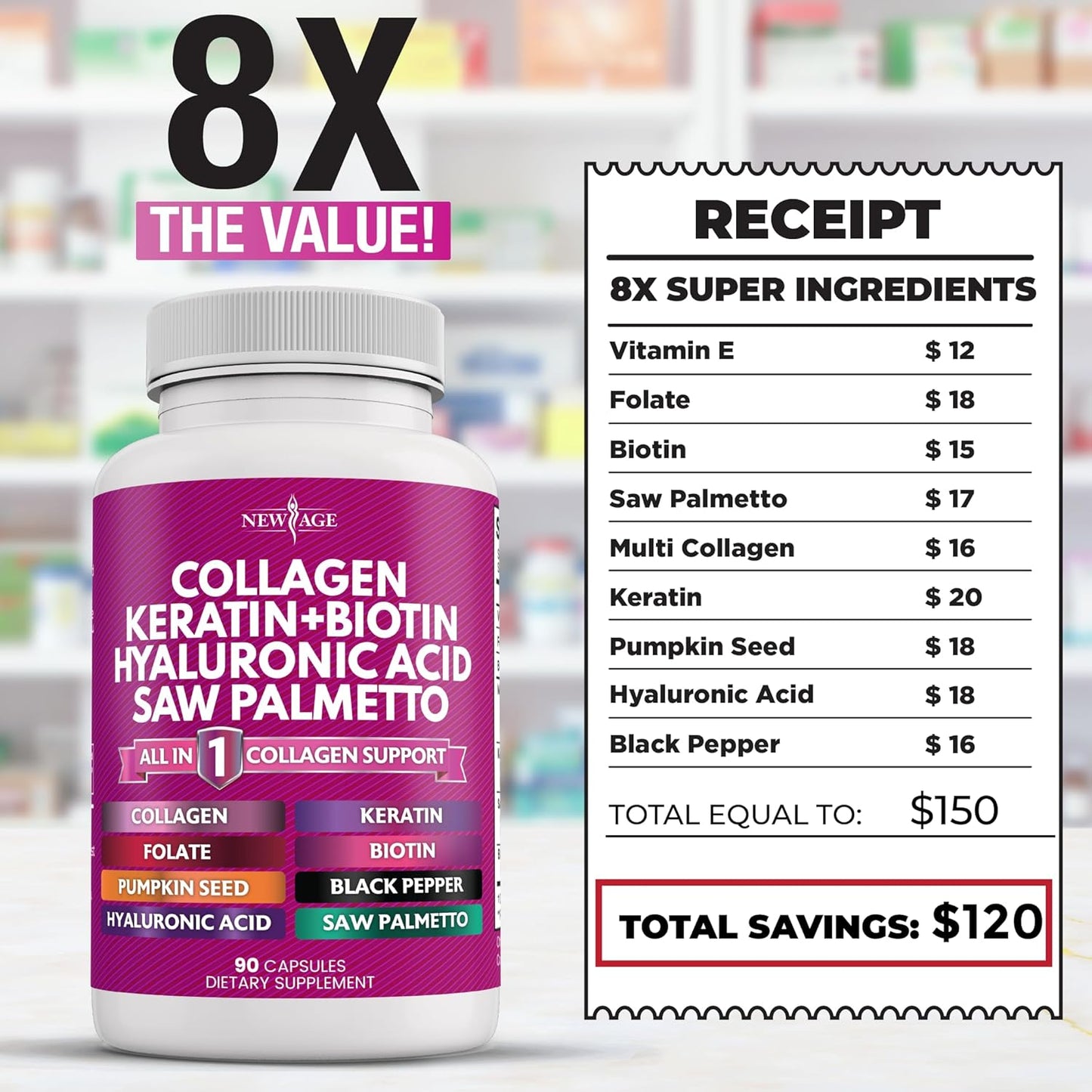 Collagen Pills with Biotin, Keratin, Saw Palmetto, and Hyaluronic Acid - 90 Count (Pack of 2) - Enhanced with Vitamin E, Folic Acid, Pumpkin Seed, and MSM