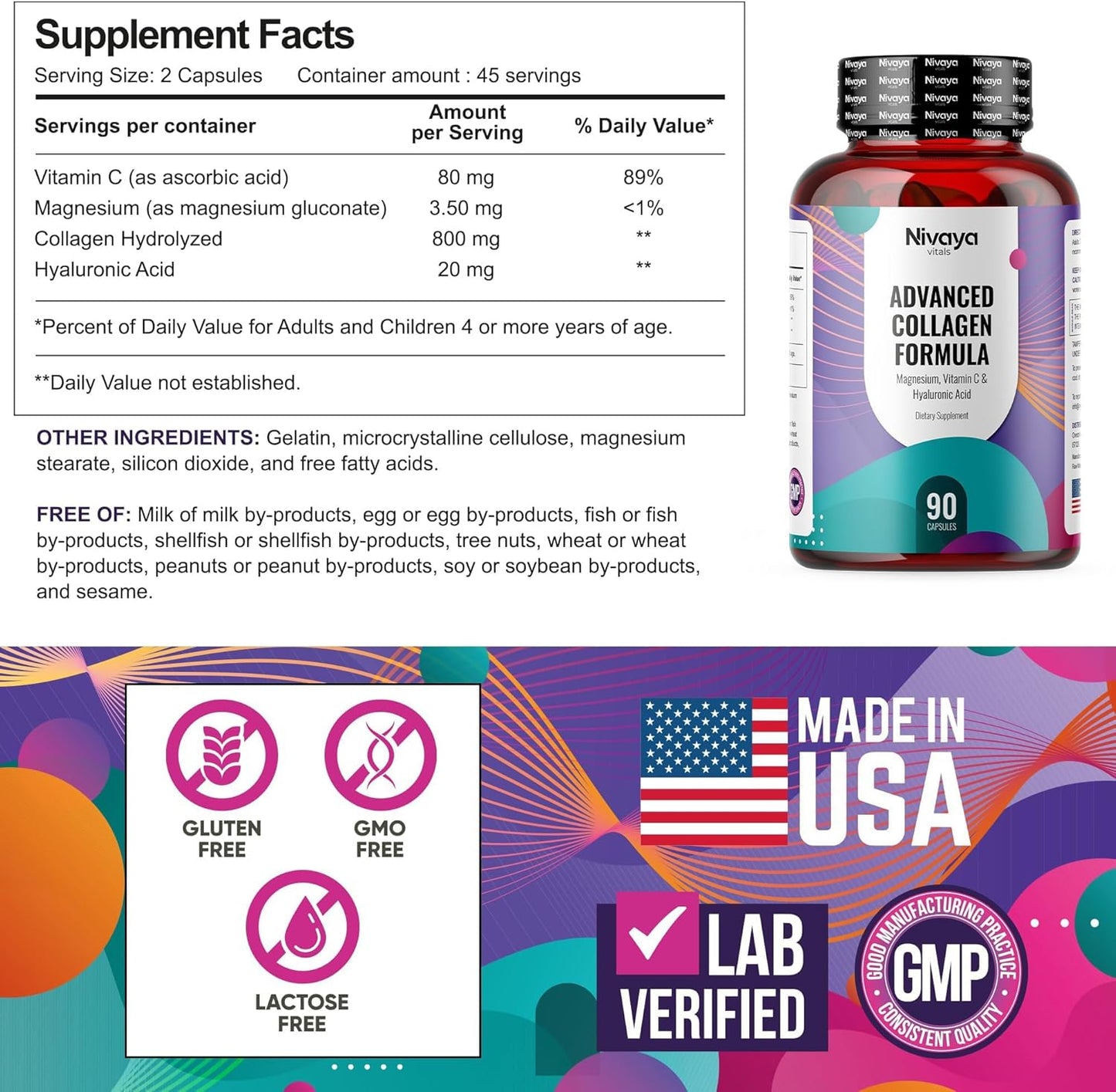 Collagen Supplements for Hair, Skin, Nails, Joint Support - Magnesium, Vitamin C, Hyaluronic Acid - 90 Capsules for Women & Men - Keto Friendly