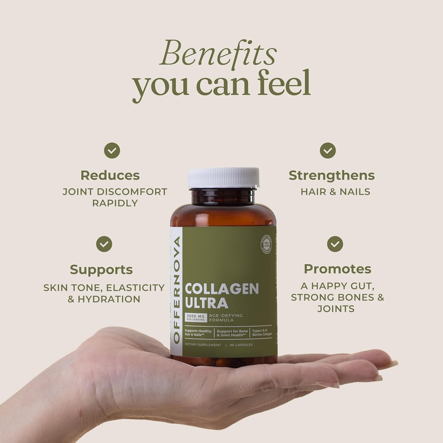 Collagen Ultra Supplements 3000mg - Anti Aging Bovine Peptides for Joints, Bones, Hair, Skin - 90 Capsules