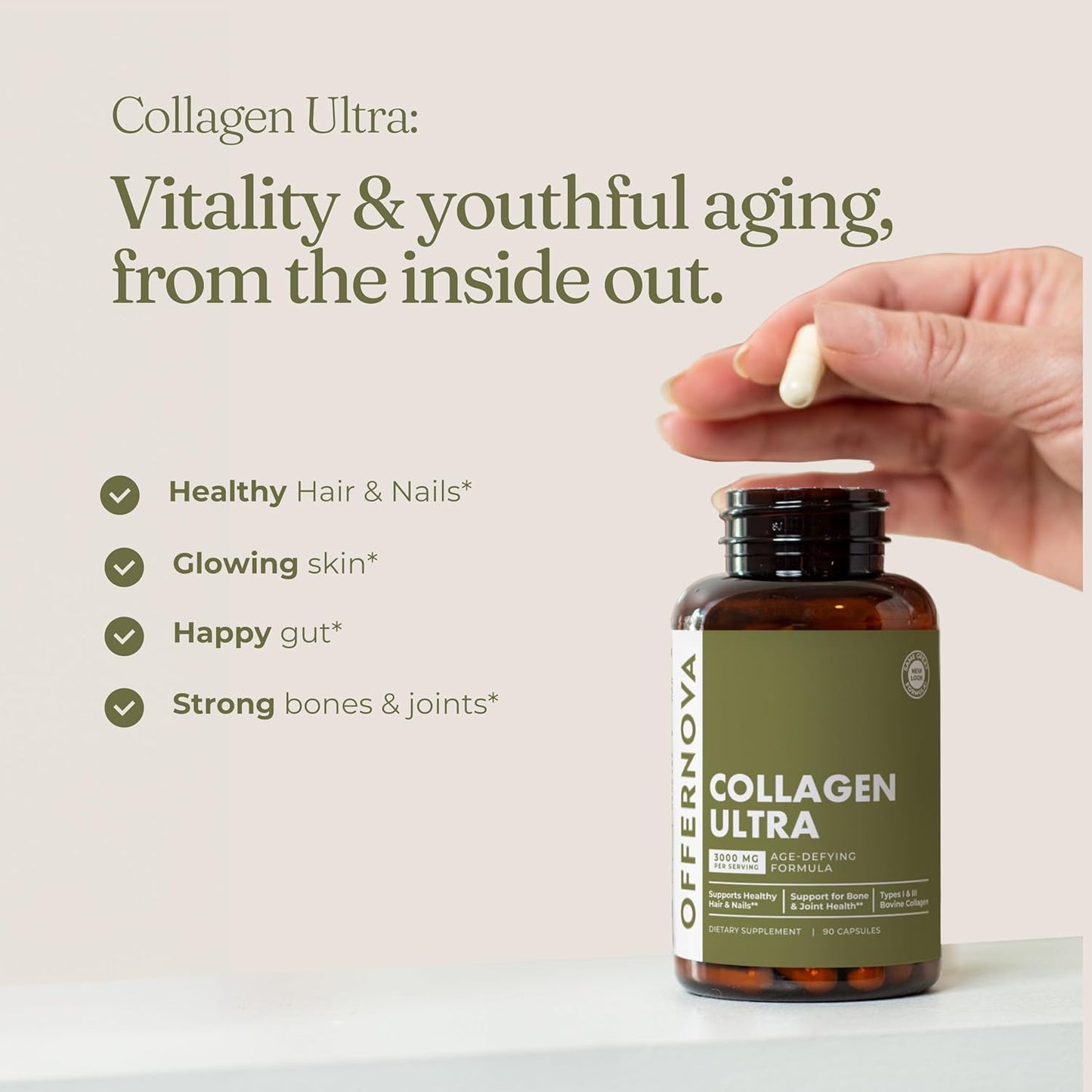 Collagen Ultra Supplements 3000mg - Anti Aging Bovine Peptides for Joints, Bones, Hair, Skin - 90 Capsules