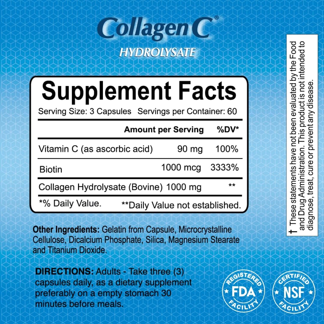 CollagenC Capsules with Biotin for Skin, Nails & Hair - Anti-Aging Supplement - Supports Bone & Muscle - 180 Capsules - Made in USA - BoostGo Australia