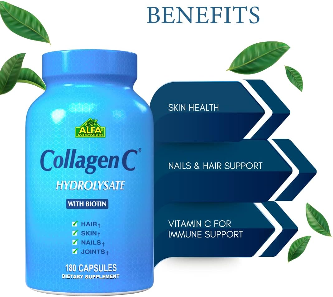 CollagenC Capsules with Biotin for Skin, Nails & Hair - Anti-Aging Supplement - Supports Bone & Muscle - 180 Capsules - Made in USA - BoostGo Australia