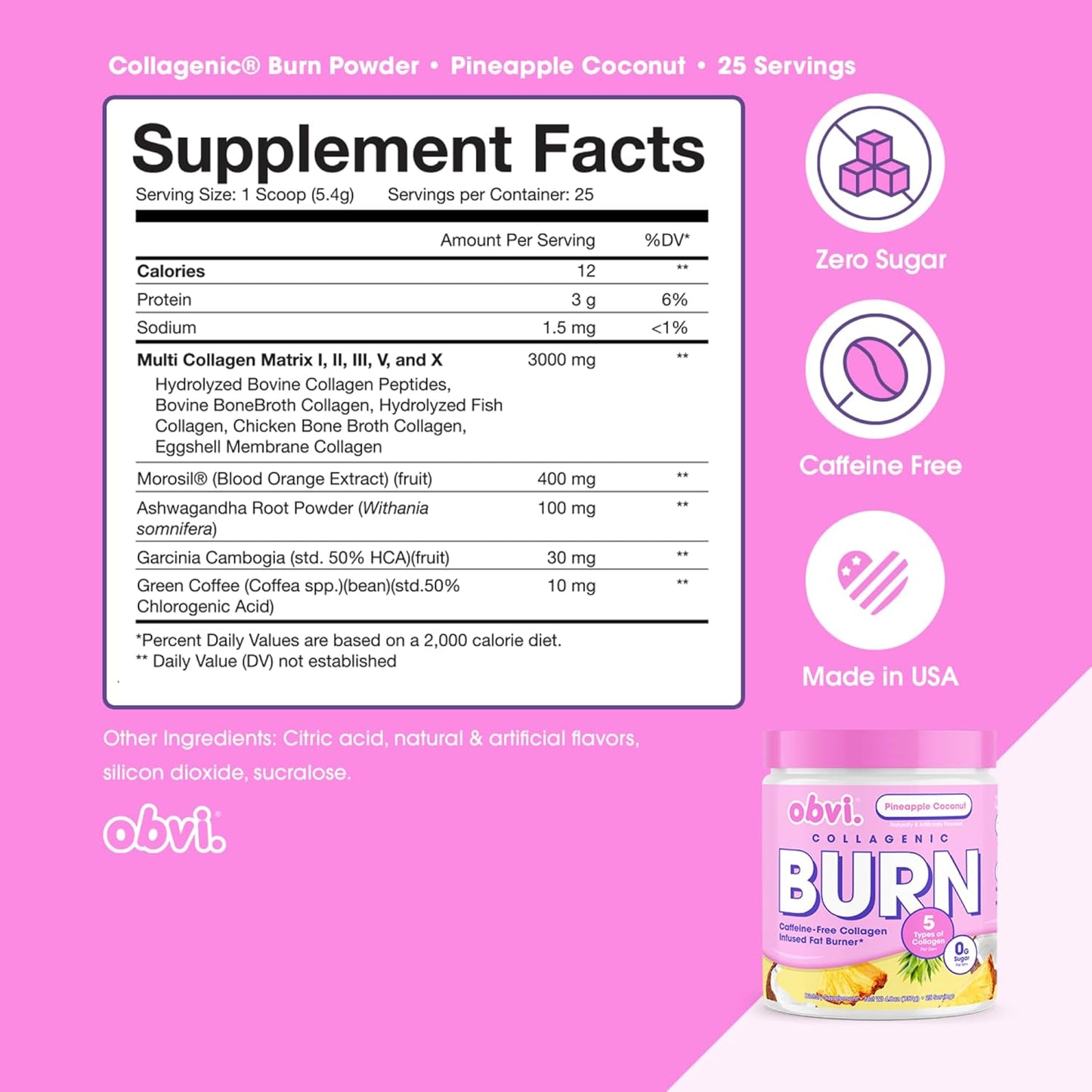 Collagenic Burn Powder with GBB, Ashwagandha, Green Coffee | Boosts Metabolism, Energy | Supports Skin, Hair, Nails, Joints | Pineapple Coconut Flavor