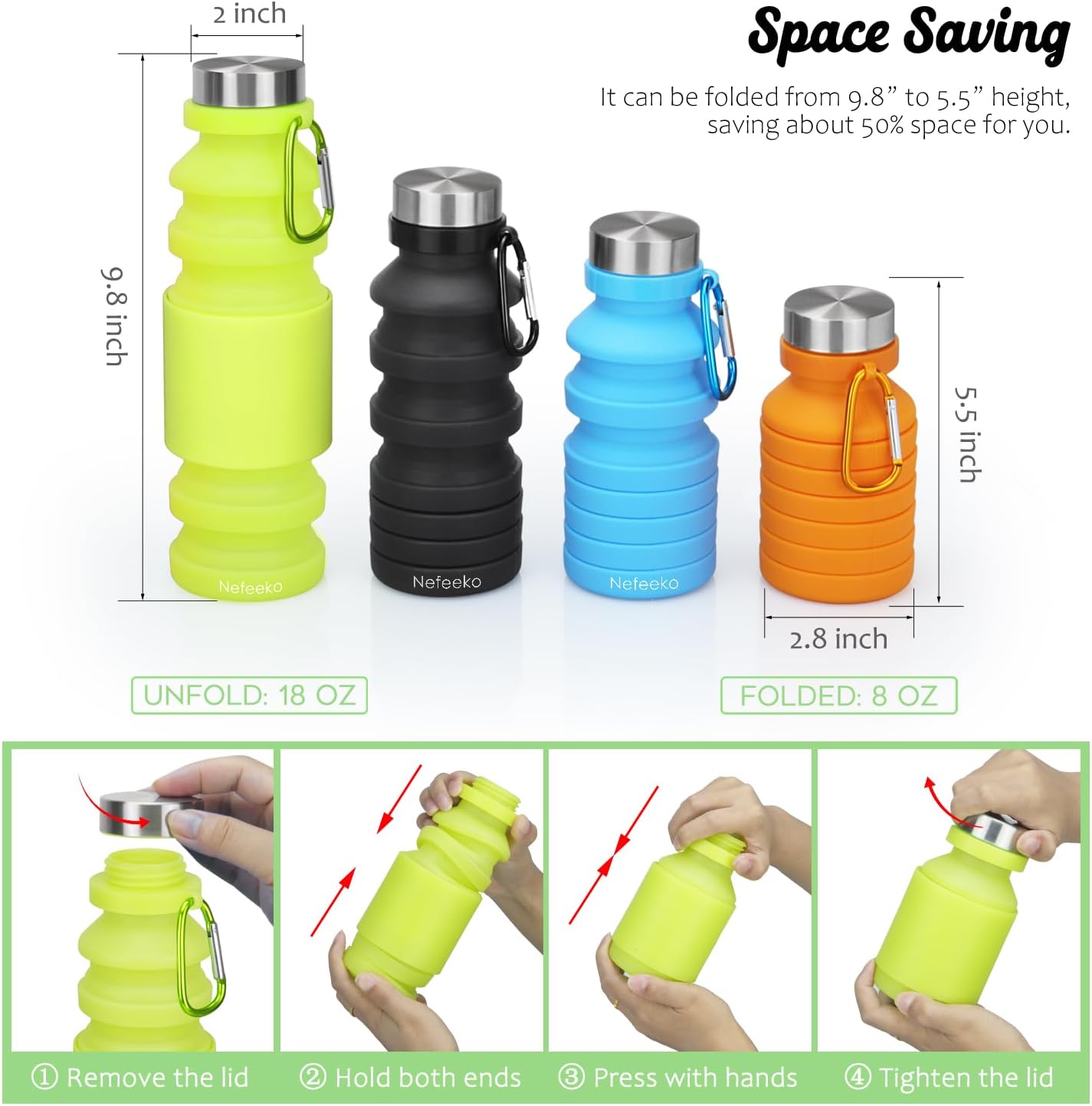 Collapsible Silicone Water Bottle for Travel Gym Camping Hiking - BPA Free, Leak Proof, Portable Sports Bottle with Carabiner