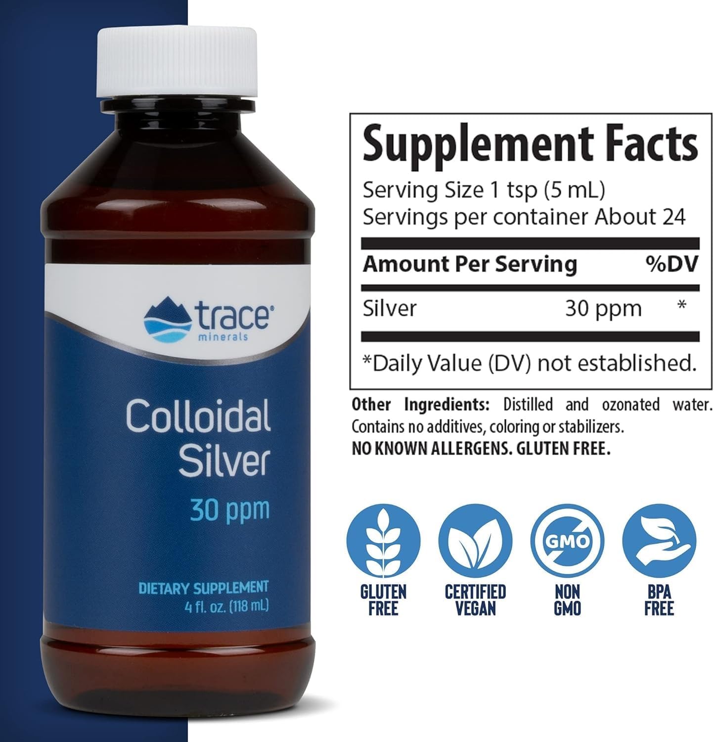 Colloidal Silver Liquid Supplement 30 PPM Trace Minerals 99.99% Pure Super-Oxygenated Vegan 4 fl oz Bottle - 1 Pack