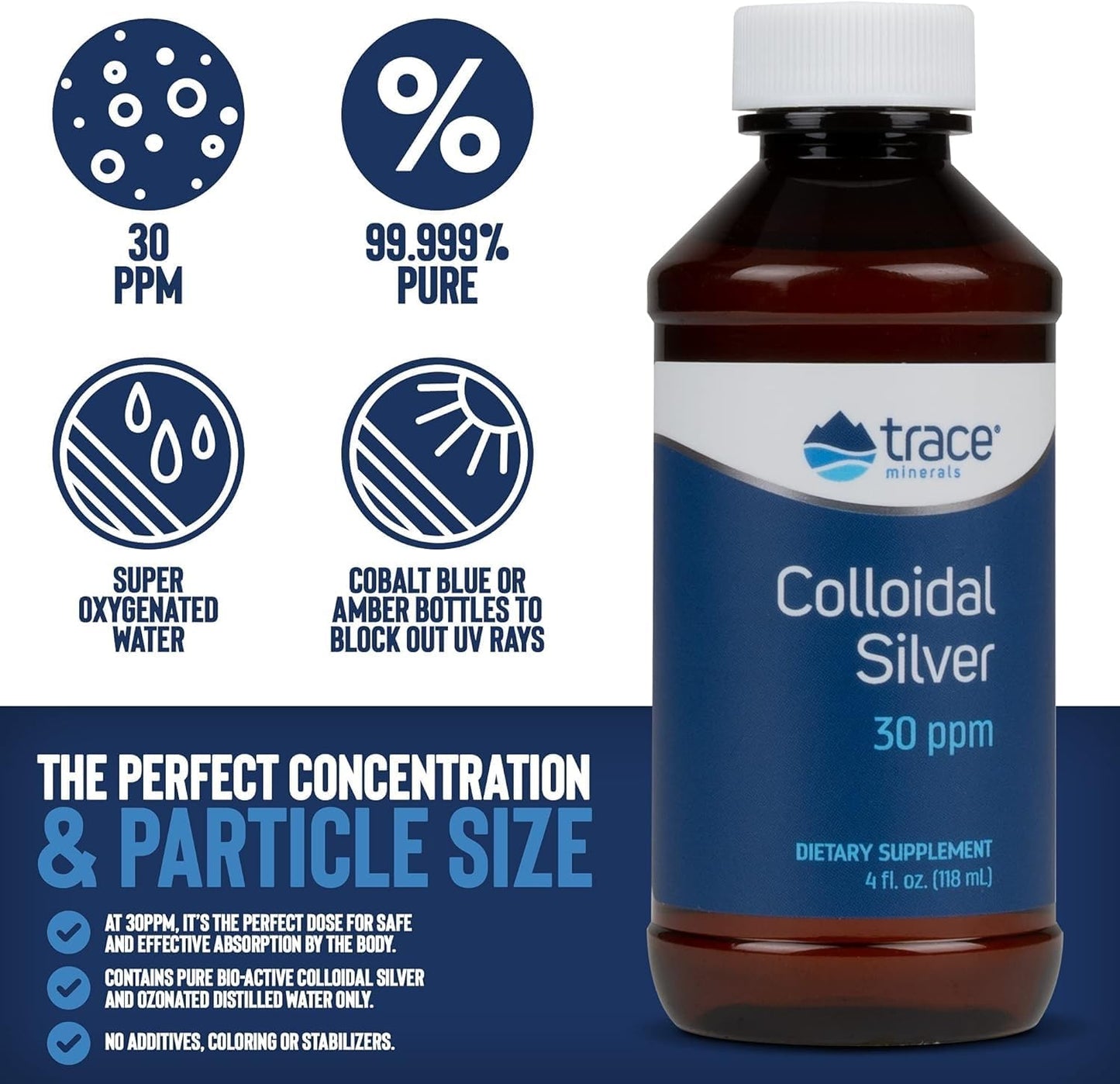 Colloidal Silver Liquid Supplement 30 PPM Trace Minerals 99.99% Pure Super-Oxygenated Vegan 4 fl oz Bottle - 1 Pack