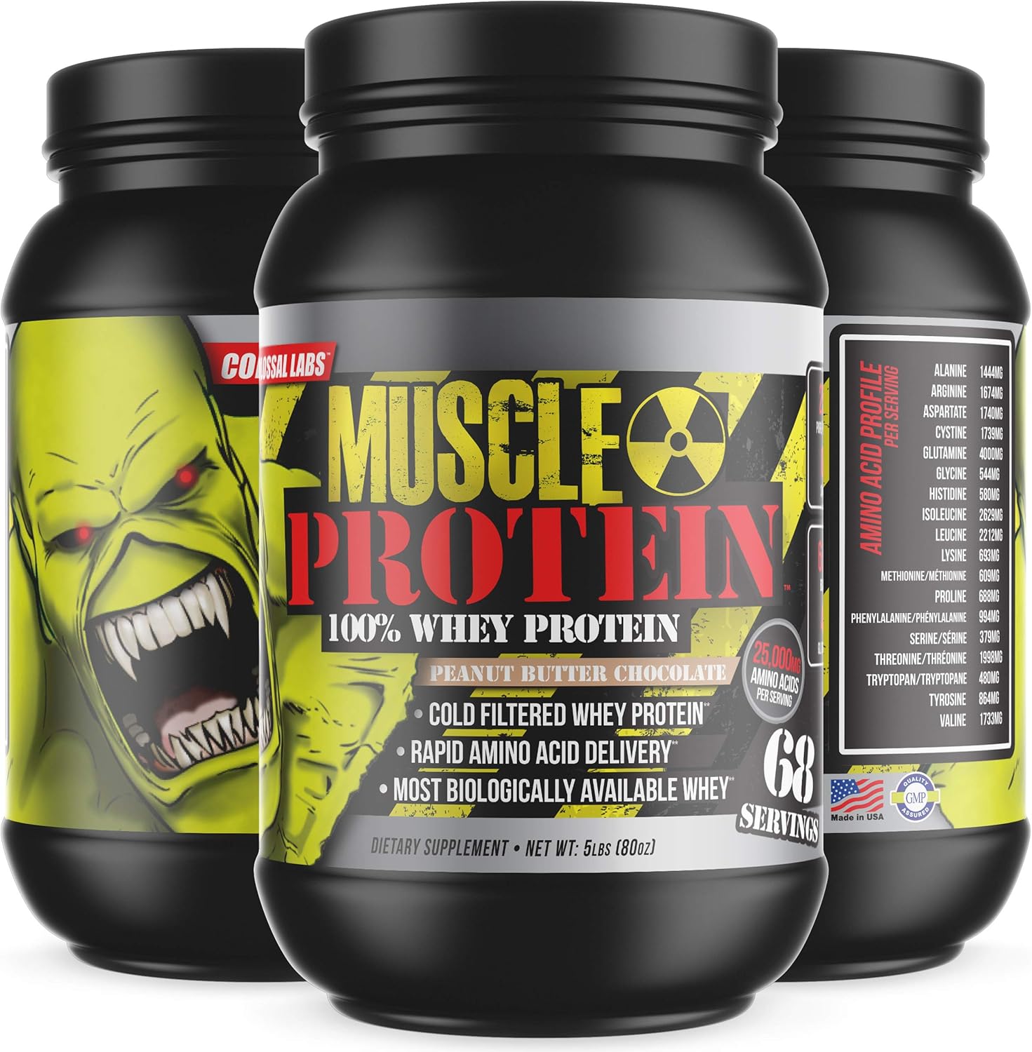 Colossal Labs Whey Protein Powder 10 lbs - Peanut Butter Chocolate Flavor, Cold Filtered, 25g Protein, 6.6g BCAAs/Serving