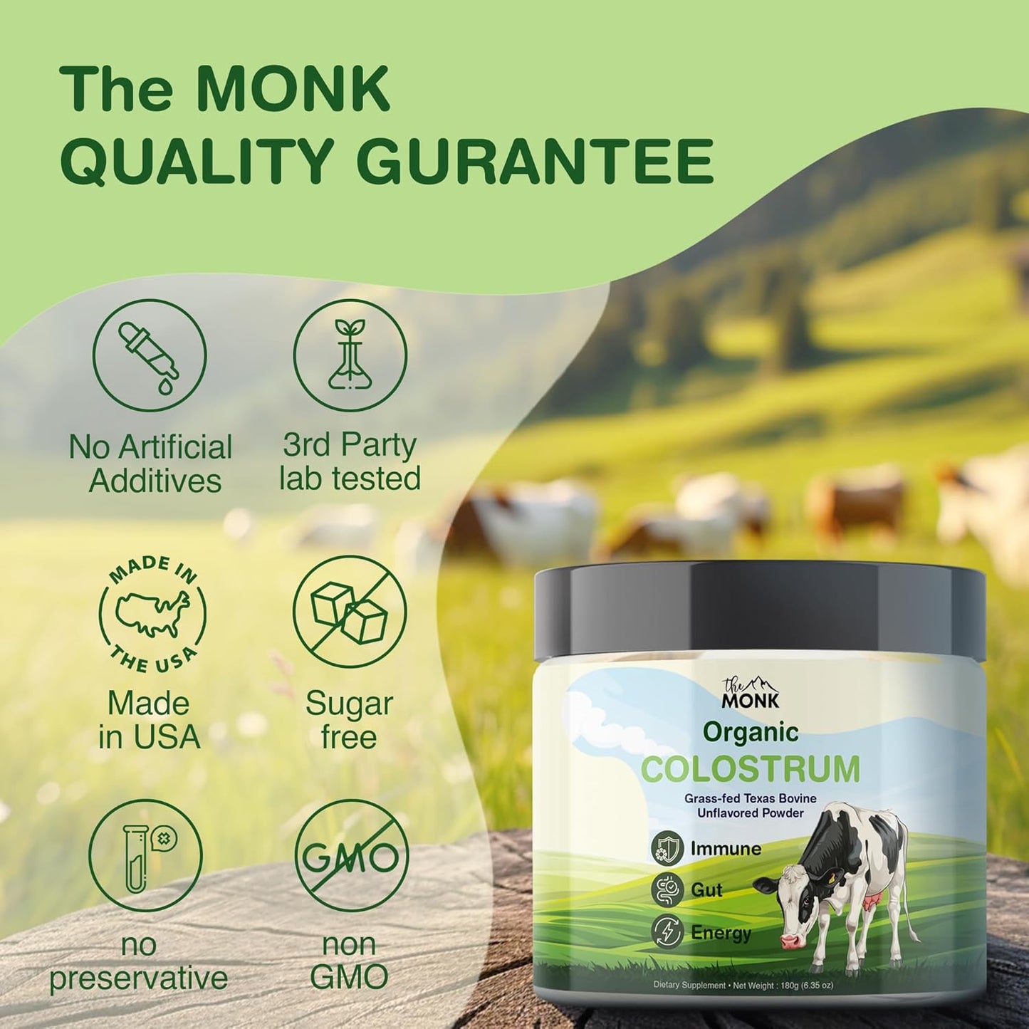 Colostrum Supplement Powder - Texas Bovine, Grass Fed, Immune & Gut Support, 100% Pure Ig Superfood - 6.35 Oz - 90 Servings - Made in USA