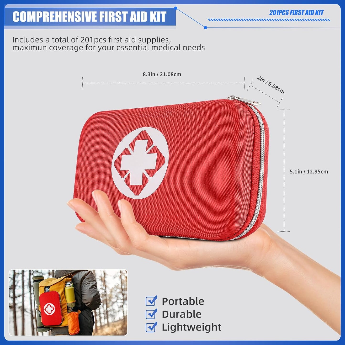 Compact 201PCS Emergency First Aid Kit for Travel, Home, Car, Office - Waterproof Bag, Survival Medical Supplies for Camping & Hiking