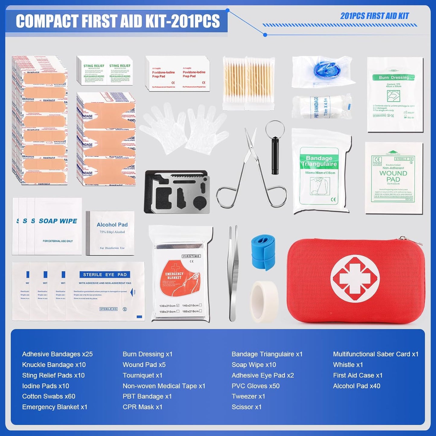 Compact 201PCS Emergency First Aid Kit for Travel, Home, Car, Office - Waterproof Bag, Survival Medical Supplies for Camping & Hiking