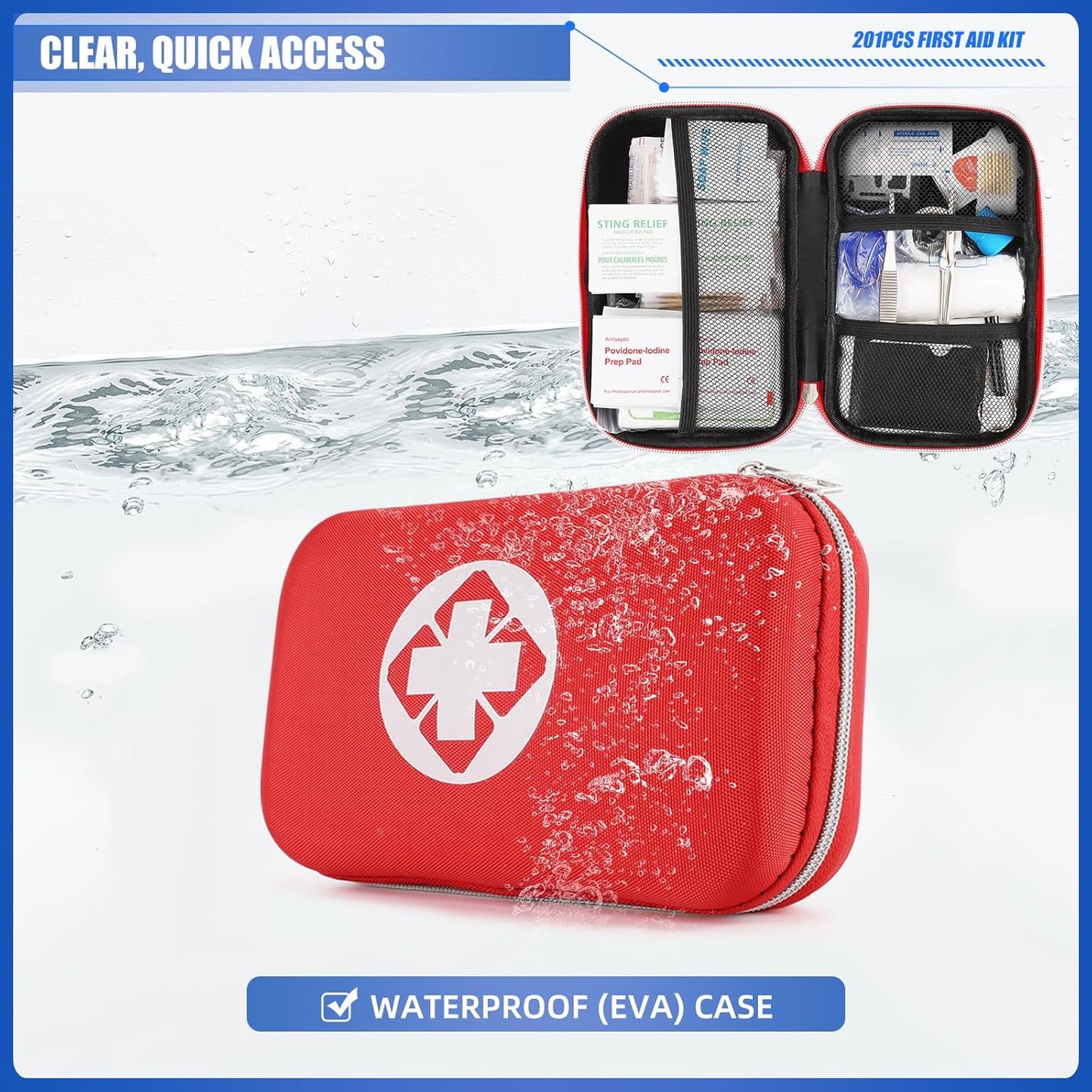 Compact 201PCS Emergency First Aid Kit for Travel, Home, Car, Office - Waterproof Bag, Survival Medical Supplies for Camping & Hiking