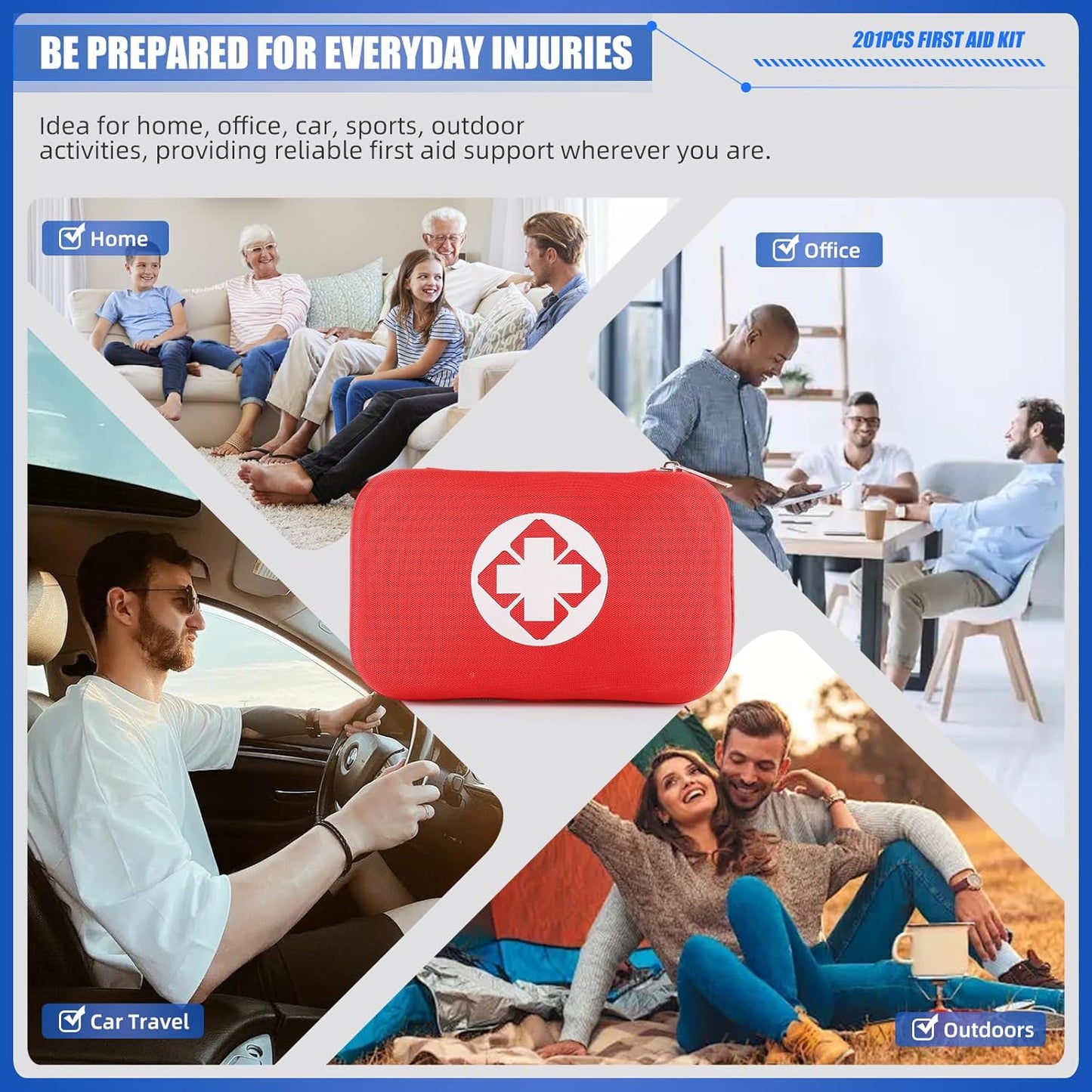 Compact 201PCS Emergency First Aid Kit for Travel, Home, Car, Office - Waterproof Bag, Survival Medical Supplies for Camping & Hiking