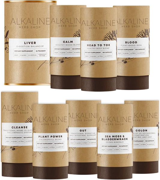 Complete Alkaline Herb Bundle: Sea Moss, Bladderwrack, Chlorophyll, Iron, Colon, Lymph, Gut, Liver Tea, Mood - Happy Healthy Body