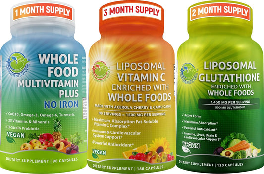 Complete Daily Health Support Bundle: Liposomal Vitamin C 1500mg, Vegan Multivitamin, & Glutathione 500mg - Men & Women's Supplements