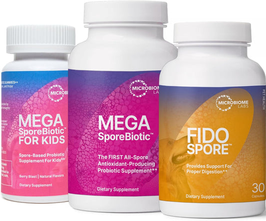 Complete Family Probiotic Bundle with MegaSporeBiotic, Probiotic Gummies, and FidoSpore Probiotics