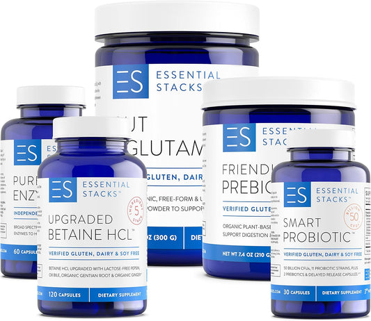 Complete Gut Health Bundle - L-Glutamine, Enzymes, Probiotics, Prebiotics, Betaine HCL for Digestive Wellness