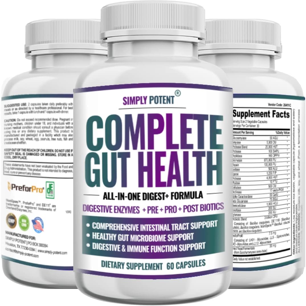 Complete Gut Health: Digestive Enzymes, Prebiotic, Probiotic & Post Biotic Support (60 Capsules)