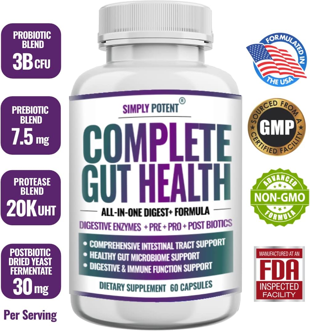 Complete Gut Health: Digestive Enzymes, Prebiotic, Probiotic & Post Biotic Support (60 Capsules)