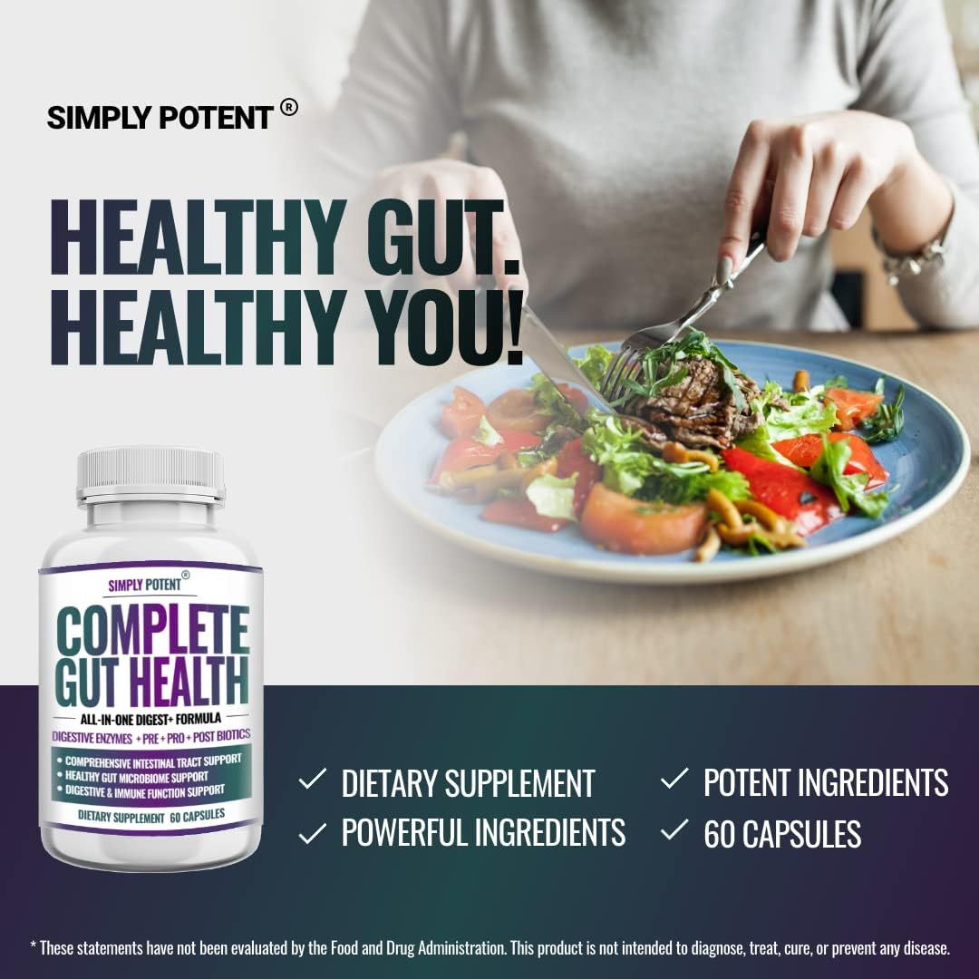 Complete Gut Health: Digestive Enzymes, Prebiotic, Probiotic & Post Biotic Support (60 Capsules)