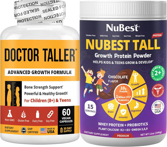 Complete Height Growth Bundle: NuBest Protein & Doctor Taller Capsules - Enhance Bone Strength, Growth, and Overall Health with Chocolate Flavor