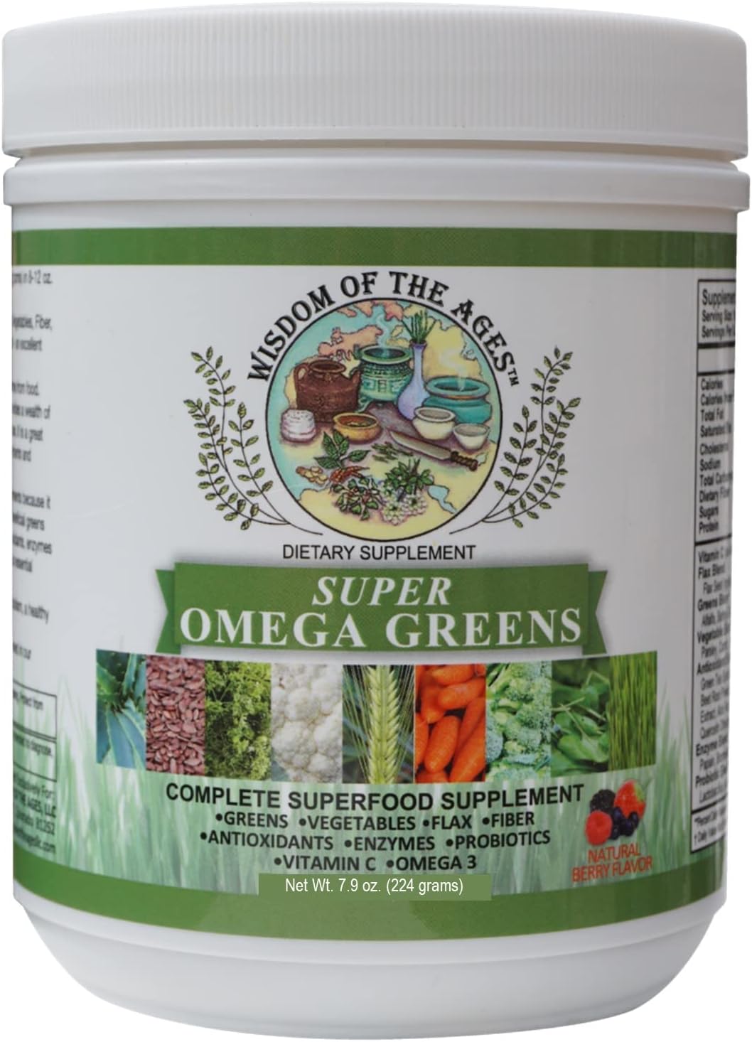 Complete Superfood Supplement with Greens, Vegetables, Flax, Fiber, Antioxidants, Enzymes, Probiotics - 7.9oz Powder