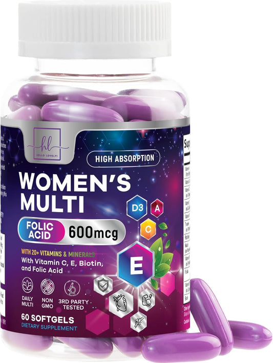 Complete Women's Multivitamin - Daily Energy & Immune Support - 60 Softgels - Vitamin A, B6, B12, C, D, Biotin, Folate, Iron, Zinc - Gluten-Free