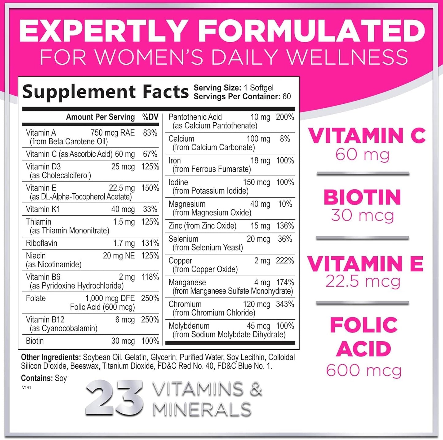 Complete Women's Multivitamin - Daily Energy & Immune Support - 60 Softgels - Vitamin A, B6, B12, C, D, Biotin, Folate, Iron, Zinc - Gluten-Free