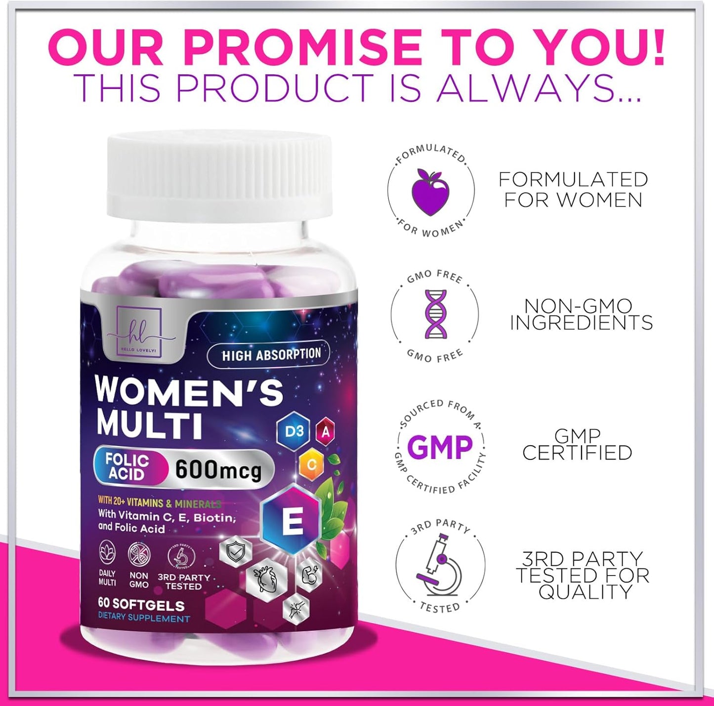 Complete Women's Multivitamin - Daily Energy & Immune Support - 60 Softgels - Vitamin A, B6, B12, C, D, Biotin, Folate, Iron, Zinc - Gluten-Free