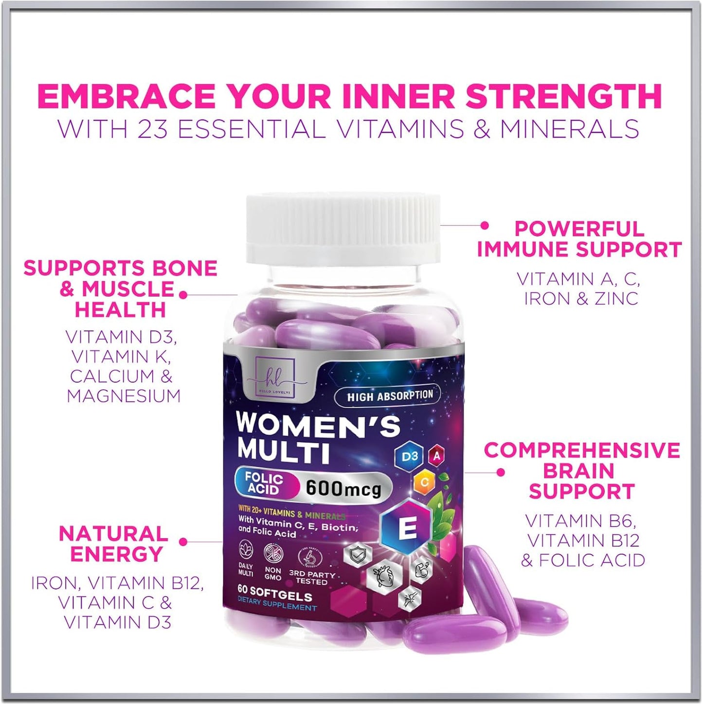 Complete Women's Multivitamin - Daily Energy & Immune Support - 60 Softgels - Vitamin A, B6, B12, C, D, Biotin, Folate, Iron, Zinc - Gluten-Free