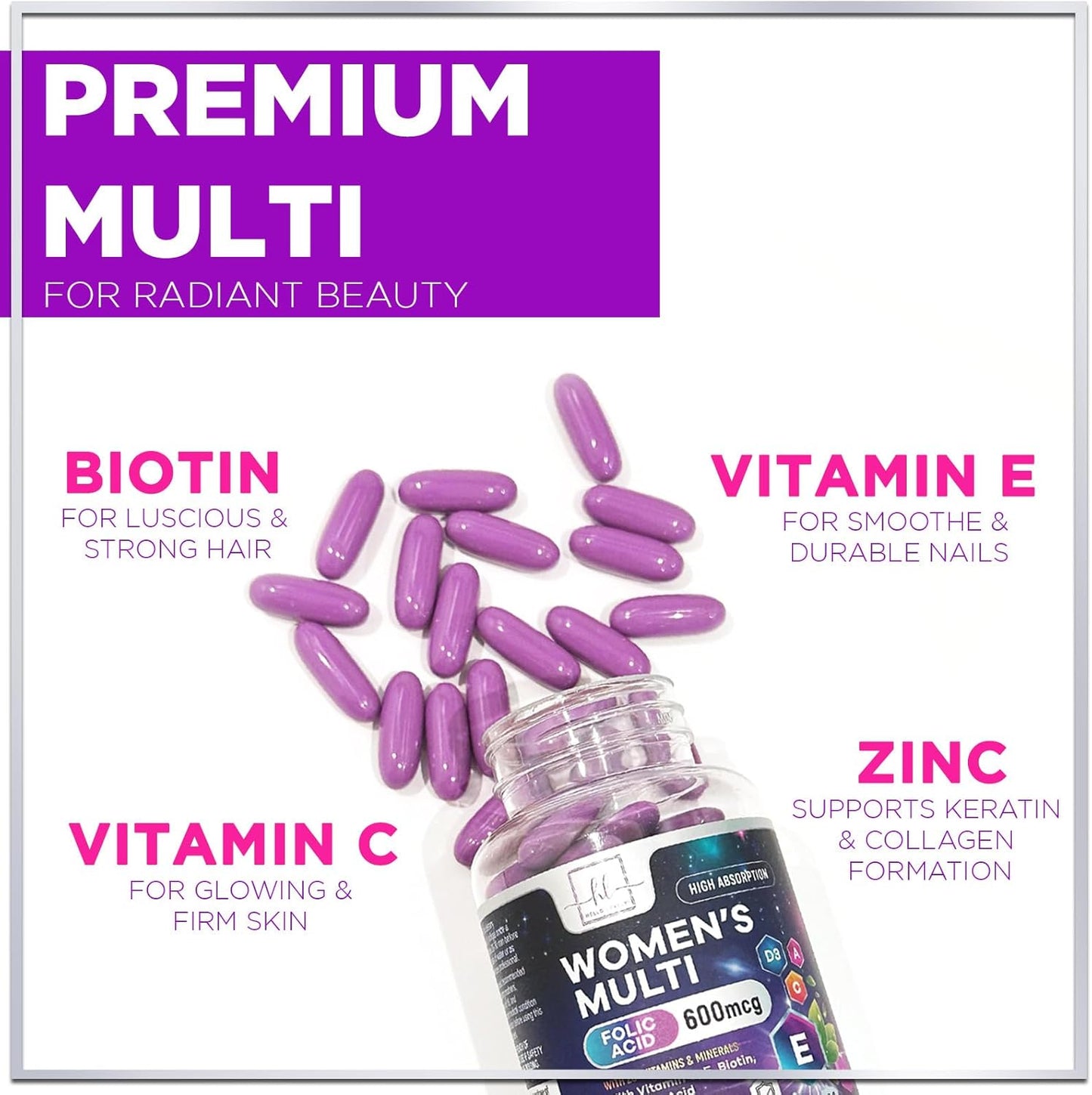 Complete Women's Multivitamin - Daily Energy & Immune Support - 60 Softgels - Vitamin A, B6, B12, C, D, Biotin, Folate, Iron, Zinc - Gluten-Free