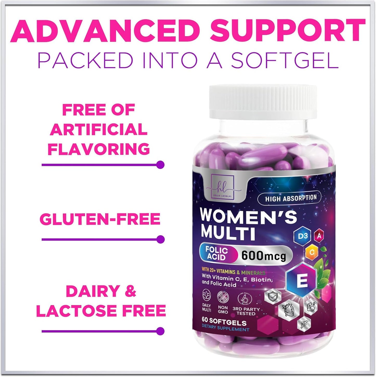 Complete Women's Multivitamin - Daily Energy & Immune Support - 60 Softgels - Vitamin A, B6, B12, C, D, Biotin, Folate, Iron, Zinc - Gluten-Free