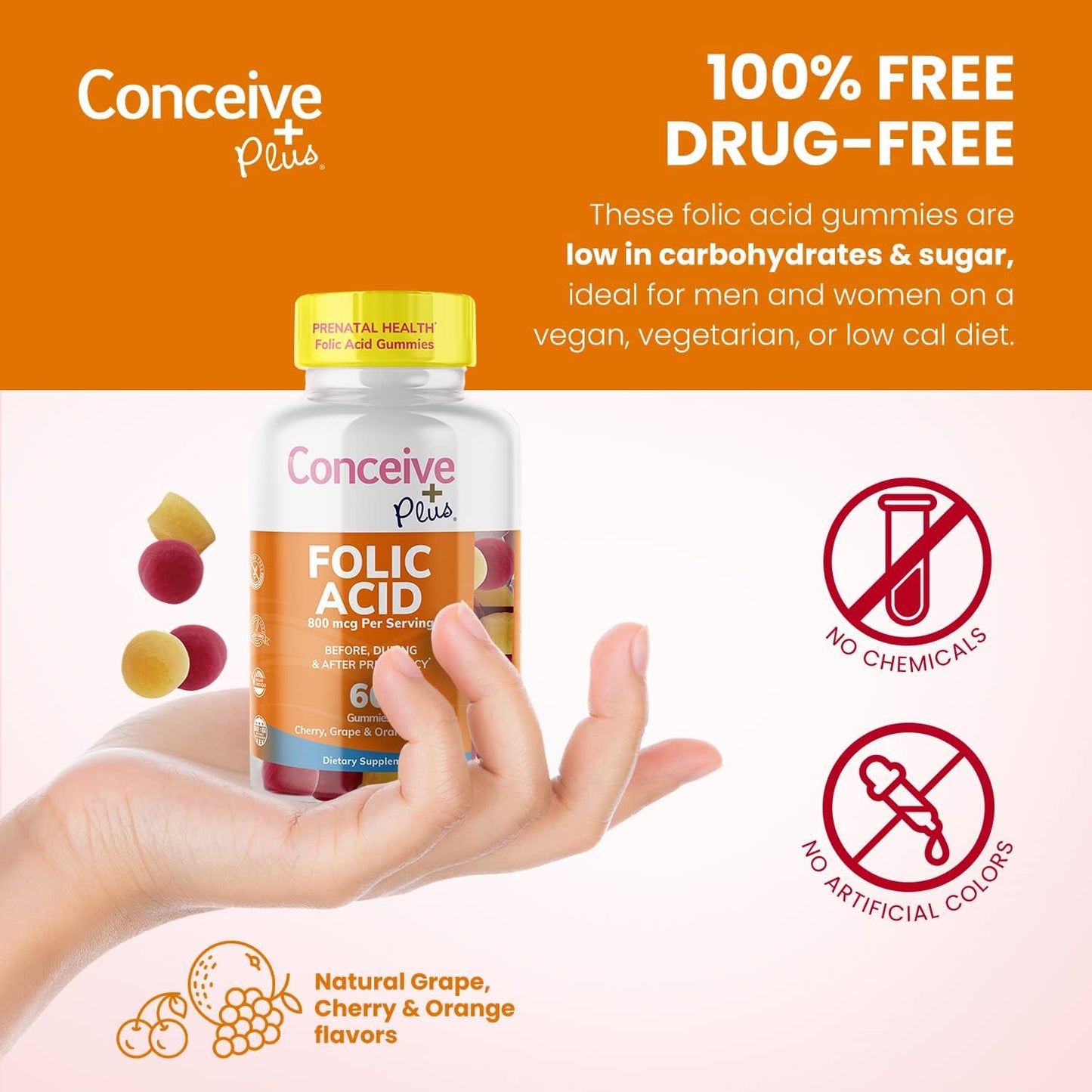 Conceive Plus Folic Acid Gummies - 800mcg Folate Supplement for Women - Natural Chewable Gummy - 60 Count - Non-GMO - Fruit Flavors