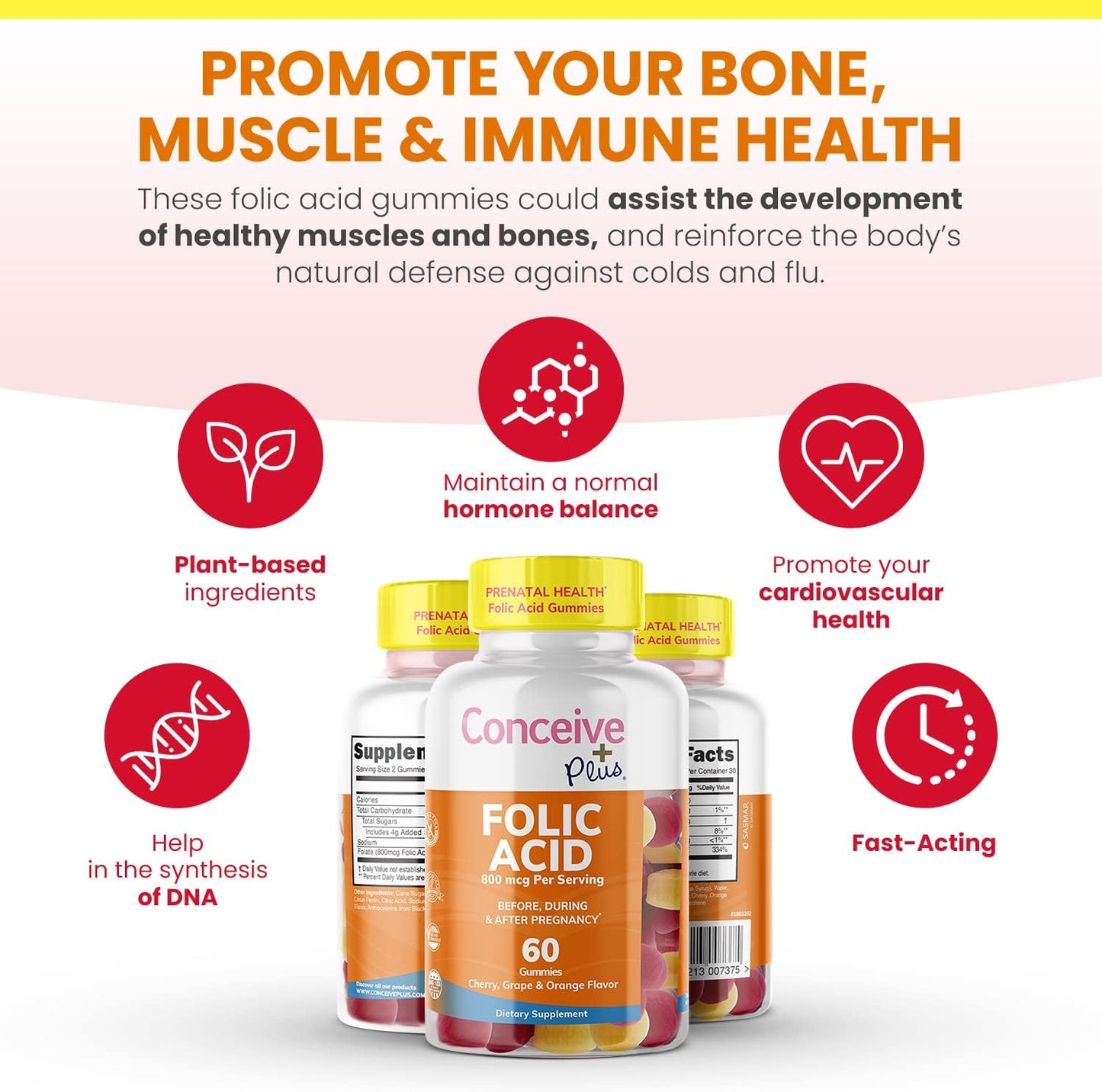 Conceive Plus Folic Acid Gummies - 800mcg Folate Supplement for Women - Natural Chewable Gummy - 60 Count - Non-GMO - Fruit Flavors