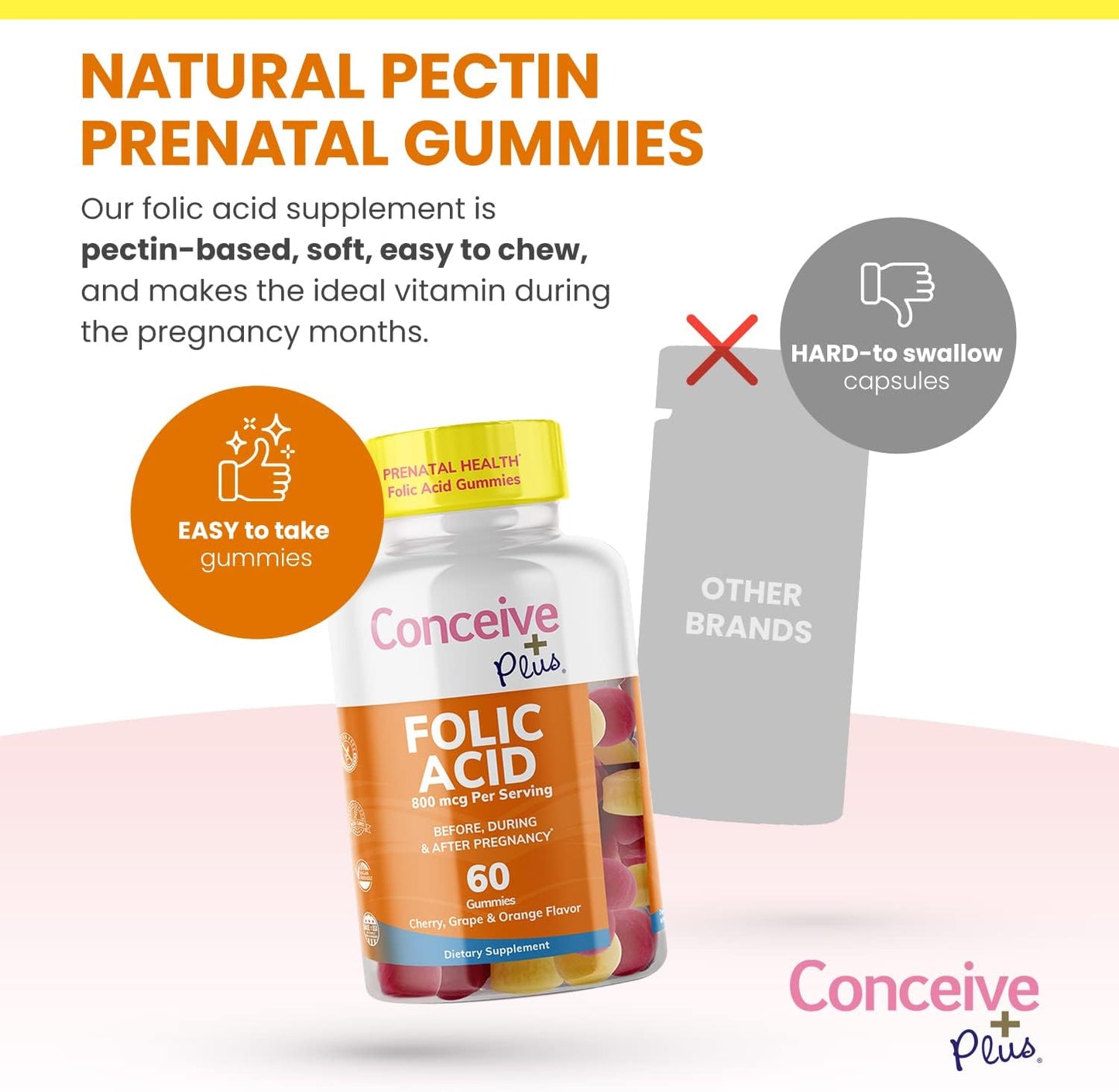 Conceive Plus Folic Acid Gummies - 800mcg Folate Supplement for Women - Natural Chewable Gummy - 60 Count - Non-GMO - Fruit Flavors